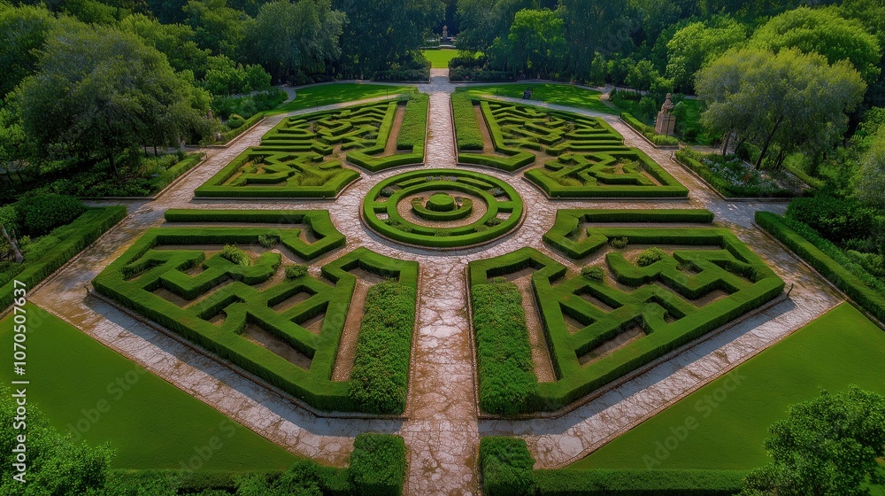 A large garden with a maze in the center. The garden is full of bushes and trees. The maze is surrounded by a path and is in the middle of the garden A large garden with a maze in the center. The garden is full of bushes and trees. The maze is surrounded by a path and is in the middle of the garden