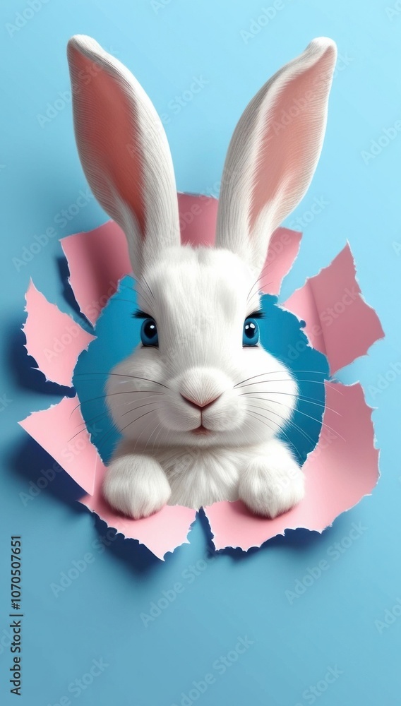 Obraz premium A white bunny with blue eyes peeks through a torn pink paper hole against a blue background. Copy space Easter greeting card