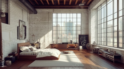 Cozy bedroom loft with an open floor, large windows, and minimal furnishings, blending natural elements with contemporary decor for a modern feel