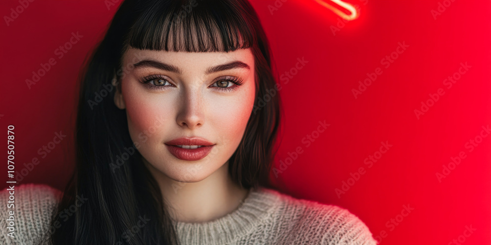 A woman with long dark hair poses against a vibrant red background with neon lights in the evening