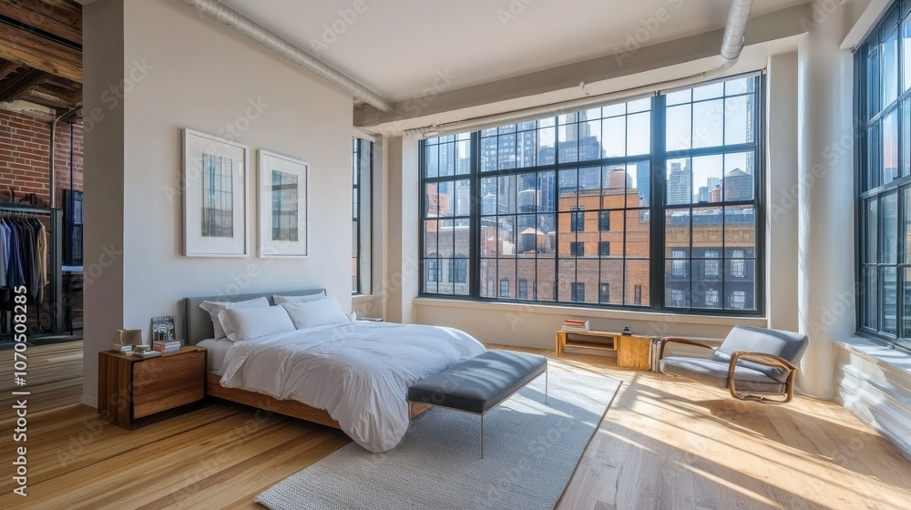 Fototapeta premium Modern bedroom loft with open layout, wood floors, big windows, and simple furnishings; natural light brightens the spacious, minimalist design