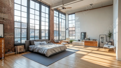 Modern bedroom loft with open layout, wood floors, big windows, and simple furnishings; natural light brightens the spacious, minimalist design