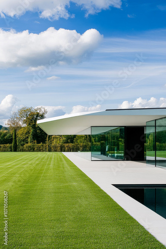 Modern glass house with sleek lines and expansive green lawn under a bright blue sky