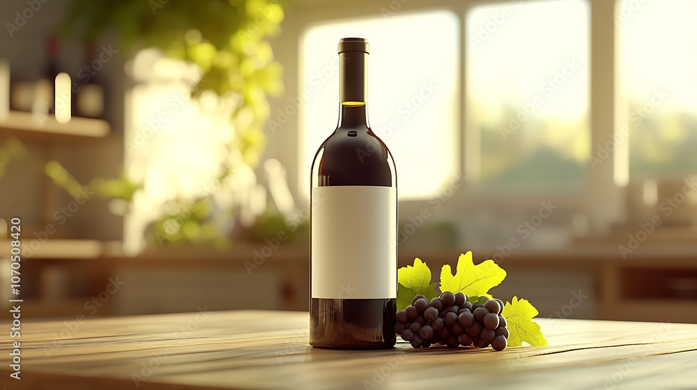 Fototapeta premium Gourmet Wine and Fresh Grapes on Wooden Table with Sun-Dappled Rustic Interior Vibe : Generative AI