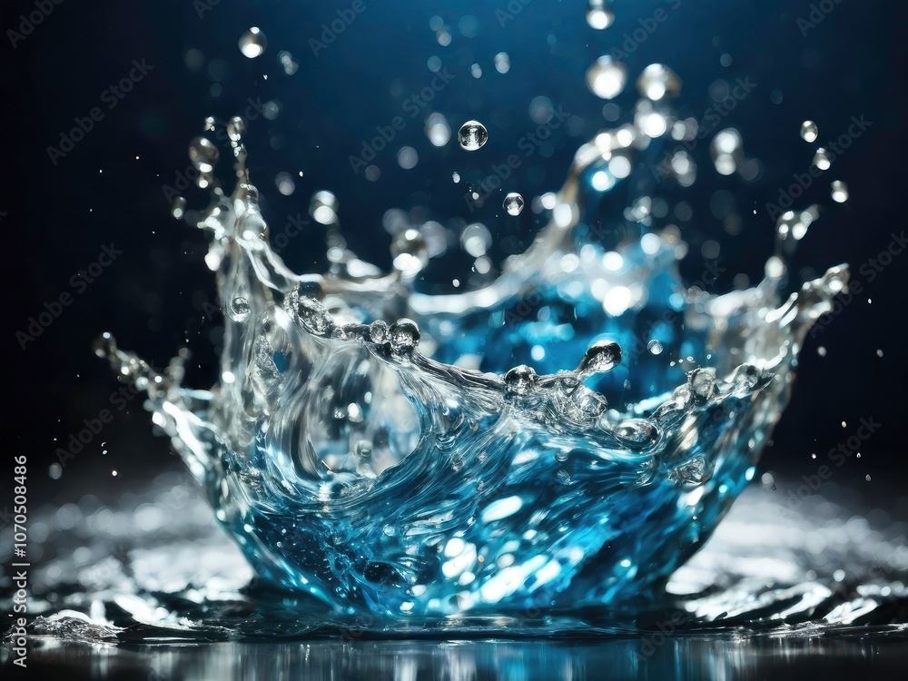 A stunning capture of clear blue water splashing, showcasing the beauty and vitality of moving water droplets. Perfect for advertisements and publications related to nature and purity. A stunning capture of clear blue water splashing, showcasing the beauty and vitality of moving water droplets. Perfect for advertisements and publications related to nature and purity.