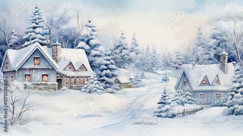A serene winter landscape featuring snow-covered houses, pine trees, and a tranquil atmosphere, capturing the essence of a cozy holiday setting.