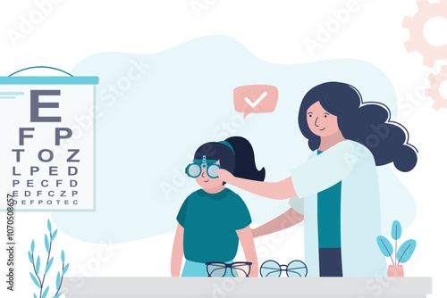 Doctor checks small child vision and give glasses. Girl on exam at ophthalmologist. Instruments for eye examination. Ophthalmology, eyesight check, healthcare. Snellen eye chart.
