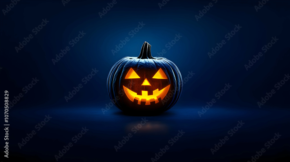 A 3D Rendered Jack-O'-Lantern Glowing with an Orange Light Against a Deep Blue Background A 3D Rendered Jack-O'-Lantern Glowing with an Orange Light Against a Deep Blue Background