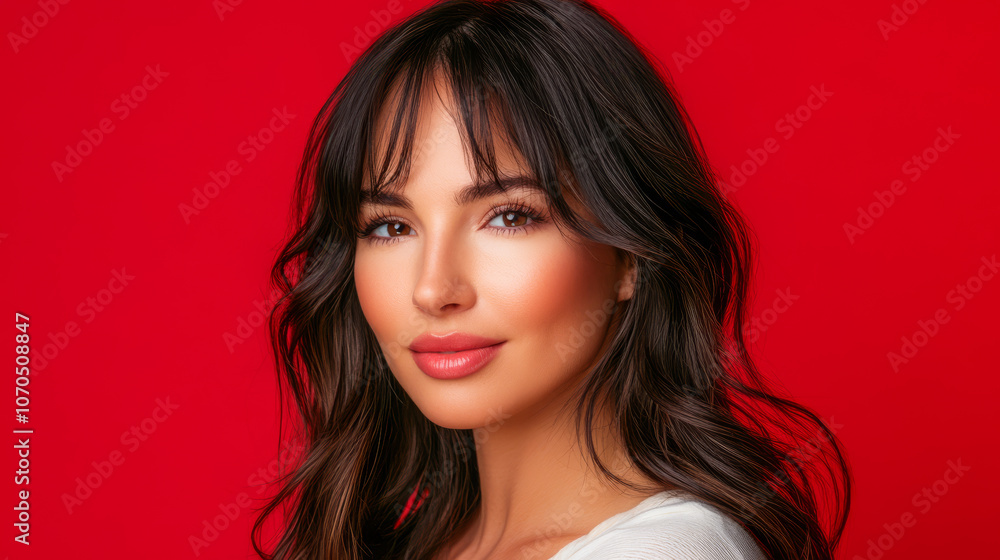 Young woman poses confidently with a radiant smile against a vibrant red backdrop Young woman poses confidently with a radiant smile against a vibrant red backdrop