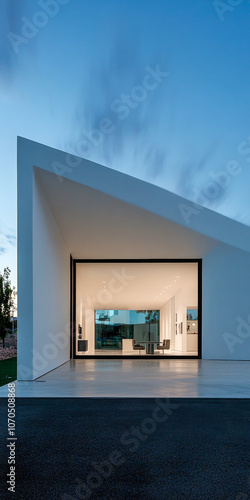 Modern architectural design of a sleek white house at dusk with large windows and minimal decor