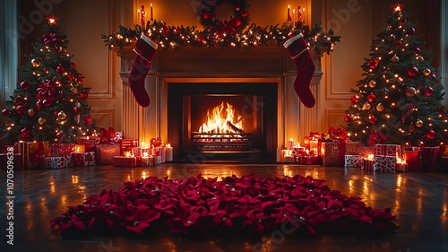 warm Christmas scene featuring cozy fireplace, decorated trees, and festive stockings. ambiance is inviting with glowing candles and beautifully wrapped gifts