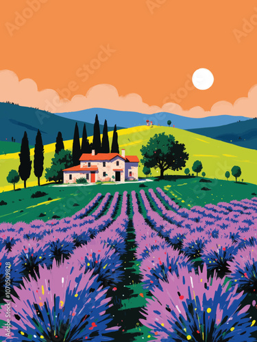 illustration of a scenic italian landscape with lavender fields, green hills, a weathered farmhouse with a terracotta roof, olive trees, and warm golden sunlight casting over the scene