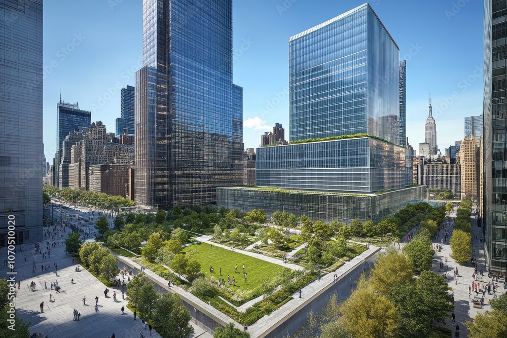 Obraz premium A green business district with rooftop gardens