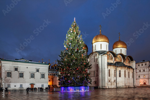 Photography Christmas tree on the Cathedral square of the Moscow Kremlin in the winter evening
