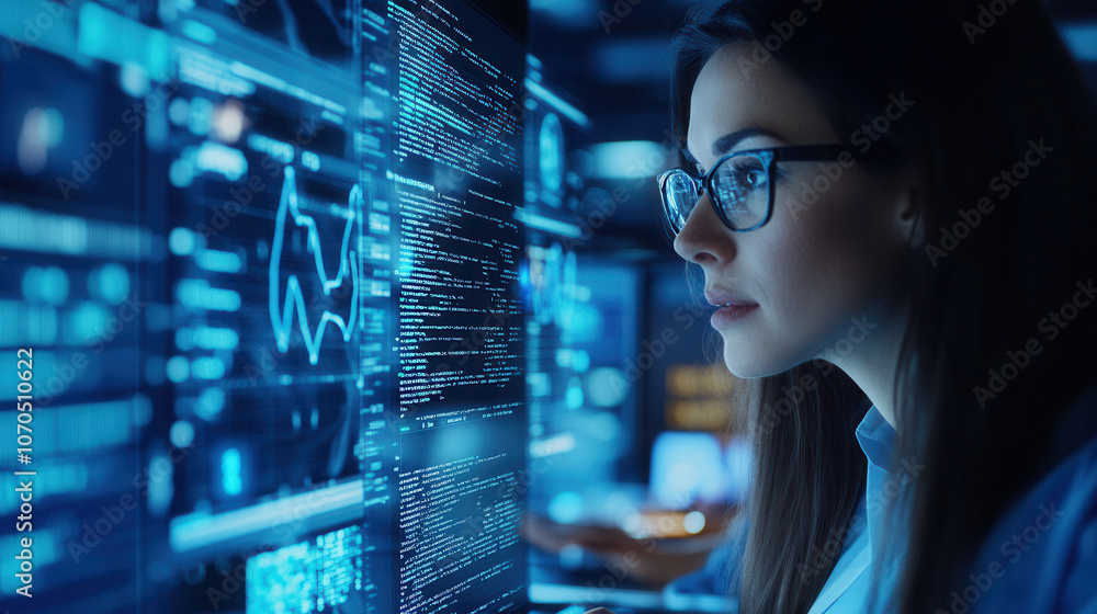 focused woman analyzing data on digital screens in modern workspace, showcasing technology and teamwork focused woman analyzing data on digital screens in modern workspace, showcasing technology and teamwork