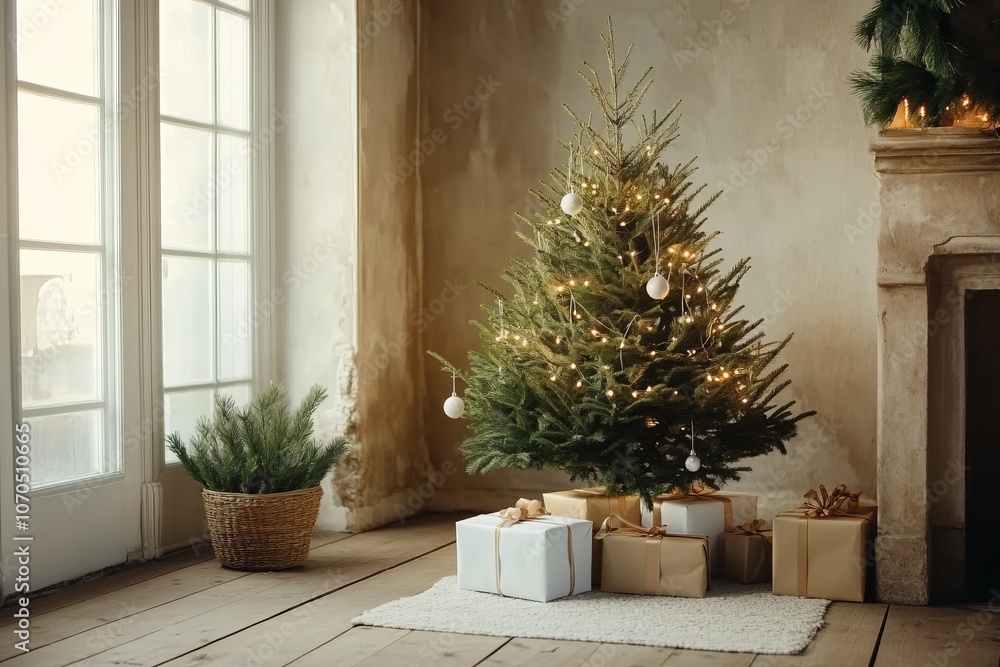 Christmas tree, ornaments grey and gold Christmas tree, ornaments grey and gold