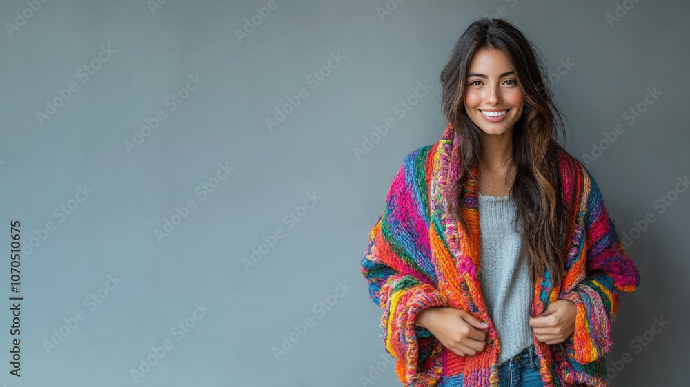 Germany woman wearing traditional cloak wool poncho isolated on gray Germany woman wearing traditional cloak wool poncho isolated on gray