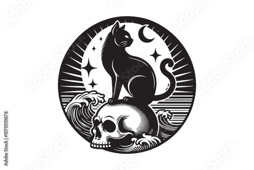 Black cat perched upon a skull against a wave backdrop during a starry night, showcasing a mystical and gothic atmosphere. vintage round engraving vector emblem, print, tattoo