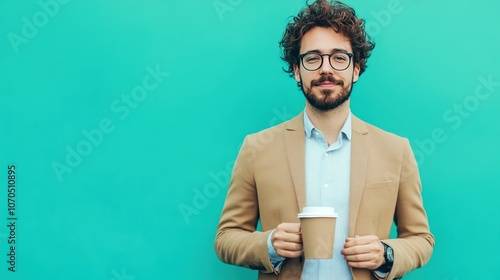 Smiling Man Holding Coffee Against a Turquoise Wall