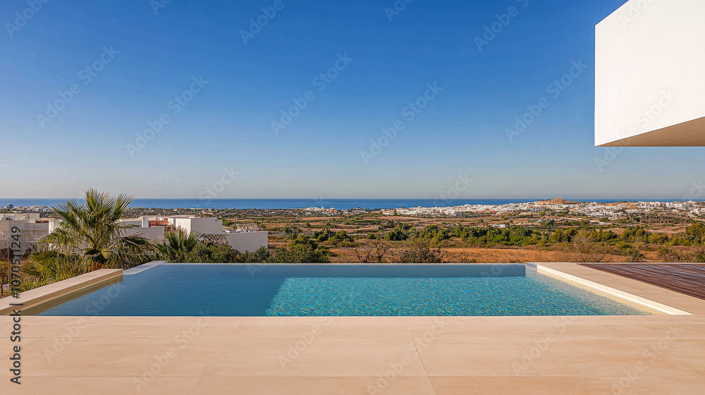 Fototapeta premium Elegant infinity pool overlooking a serene coastal landscape during a bright sunny day