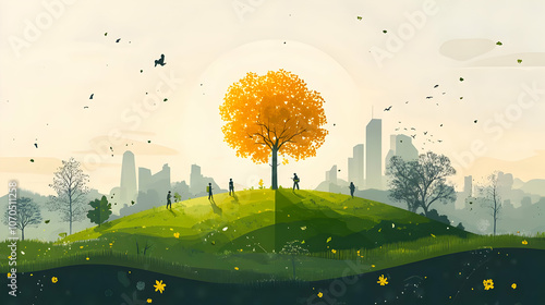 A lone golden tree standing tall on a green hill in a city skyline with people enjoying the nature