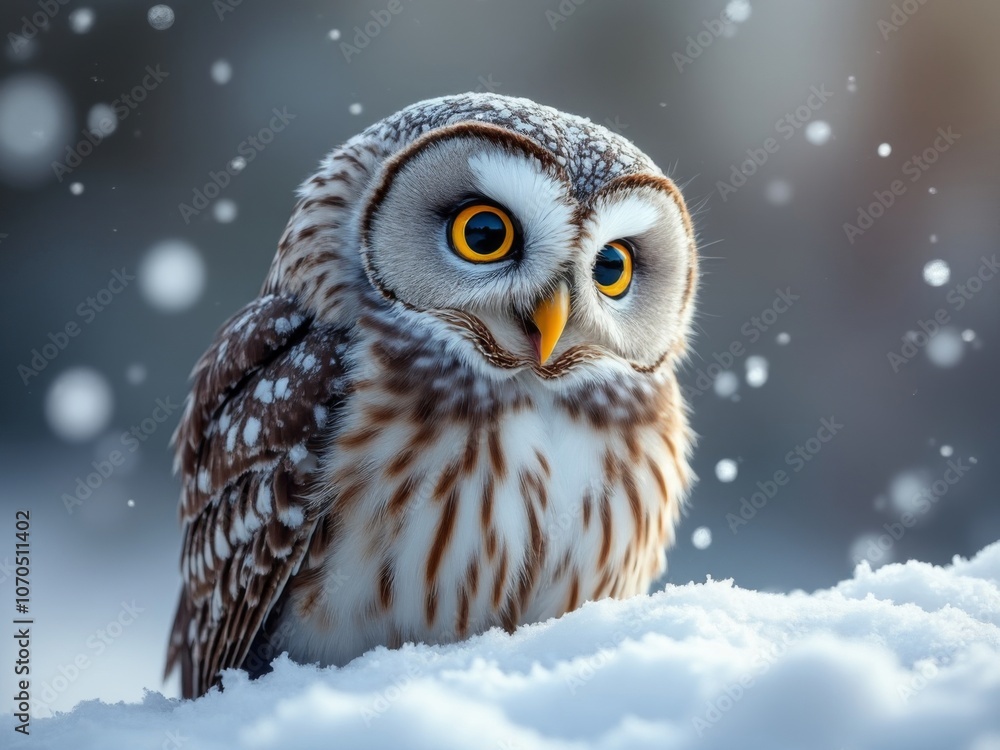 Close-up of a small owl perched on snow with soft falling snowflakes, showing detailed feathers and large yellow eyes against a blurred winter background Close-up of a small owl perched on snow with soft falling snowflakes, showing detailed feathers and large yellow eyes against a blurred winter background