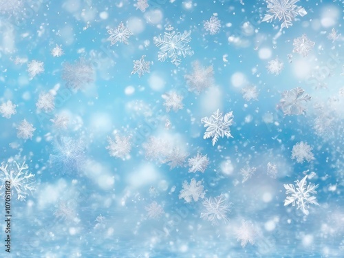 Beautiful falling snowflakes wallpaper. Winter dust ice particles. Snowfall weather white teal blue background. Many snowflakes january theme. Snow hurricane scenery, Magic nature fantasy snowfall.