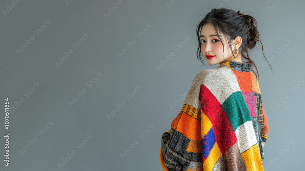 Japanese woman wearing traditional cloak wool poncho isolated on gray Japanese woman wearing traditional cloak wool poncho isolated on gray