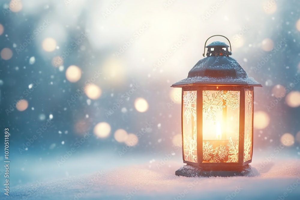 Warm lantern light on snowy evening with soft falling flakes Warm lantern light on snowy evening with soft falling flakes