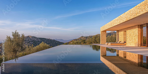 Modern villa with infinity pool overlooking mountainous landscape at sunset