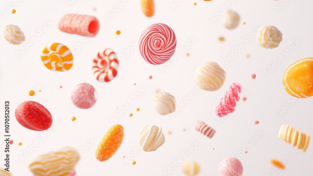 A lot of different colorful candies and sweets flying on a white background A lot of different colorful candies and sweets flying on a white background