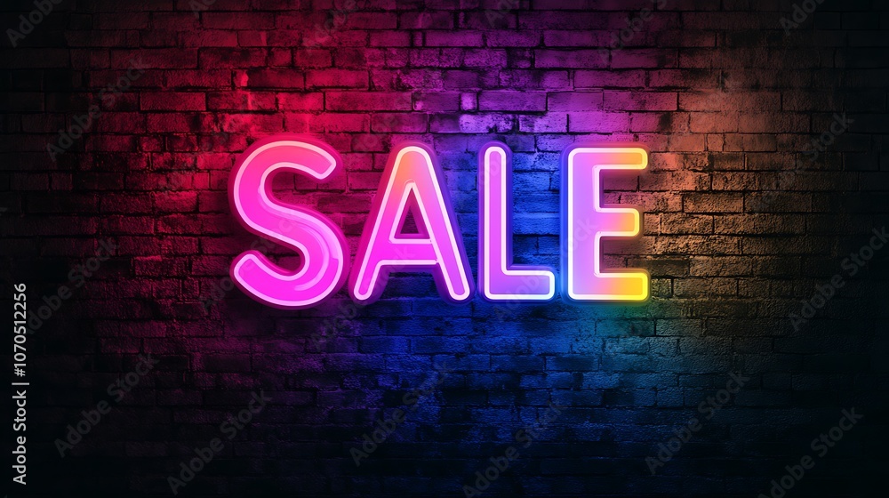 SALE letters in vibrant neon colors with a dark, urban brick wall background SALE letters in vibrant neon colors with a dark, urban brick wall background