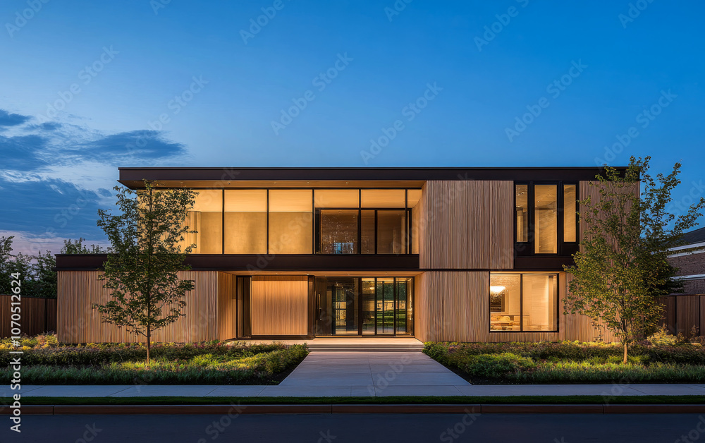 Obraz premium Modern residential house with wooden facade and expansive windows in evening light
