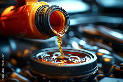 Synthetic Engine Oil Pouring into Car Engine for Optimal Performance : Generative AI