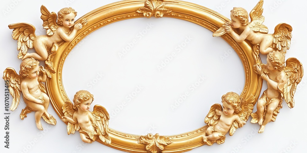A golden oval picture frame decorated with angels, shown against a plain white background. You can easily cut out the frame from this image. A golden oval picture frame decorated with angels, shown against a plain white background. You can easily cut out the frame from this image.