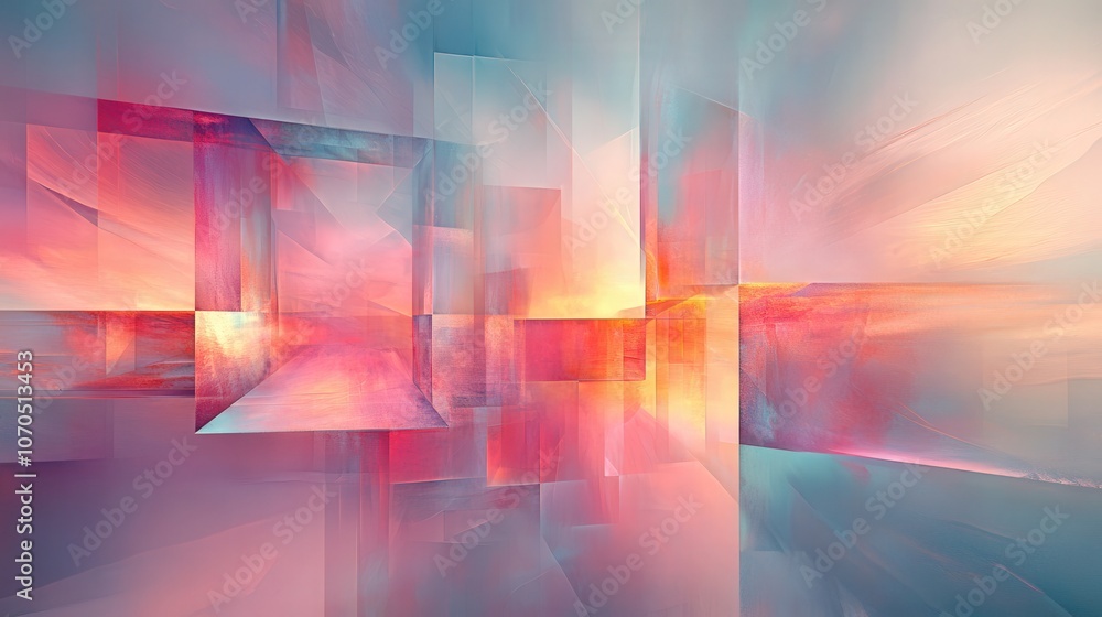 A futuristic abstract composition with layered holographic shapes and iridescent gradients in soft pastel hues A futuristic abstract composition with layered holographic shapes and iridescent gradients in soft pastel hues