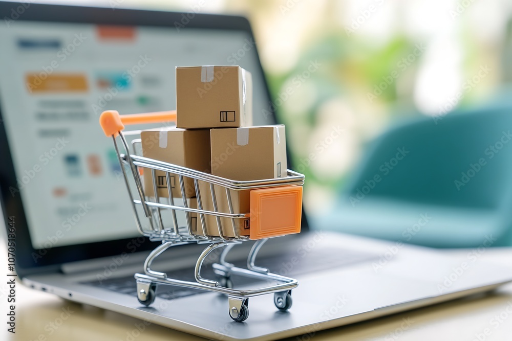 Digital shopping concept with cart and parcels on laptop represents online retail trends : Generative AI Digital shopping concept with cart and parcels on laptop represents online retail trends : Generative AI