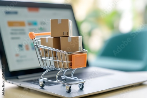 Digital shopping concept with cart and parcels on laptop represents online retail trends : Generative AI