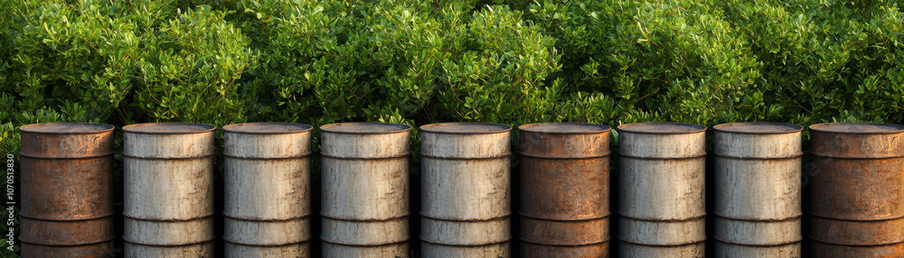 Stacked barrels near lush green vegetation create rustic scene Stacked barrels near lush green vegetation create rustic scene