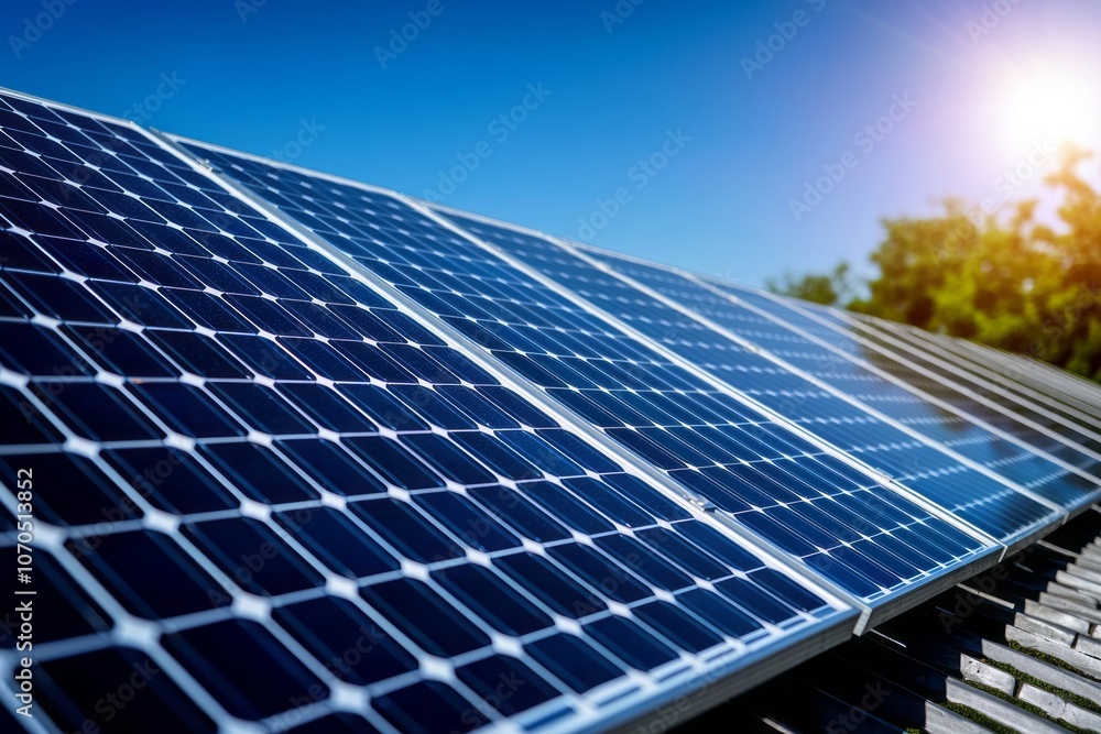 Obraz premium Solar panels installed on a rooftop with blue sky and sunlight during the day