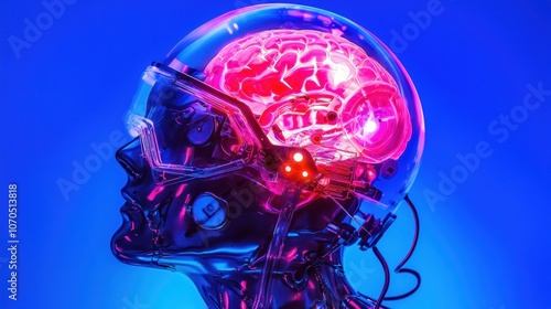 Explore the fascinating intersection of technology and neurobiology with a futuristic head design showcasing a glowing brain in a transparent helmet photo