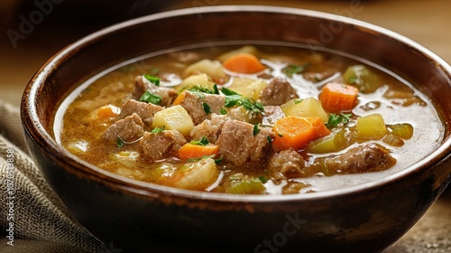 A bowl of hearty beef stew with potatoes, carrots, and celery.