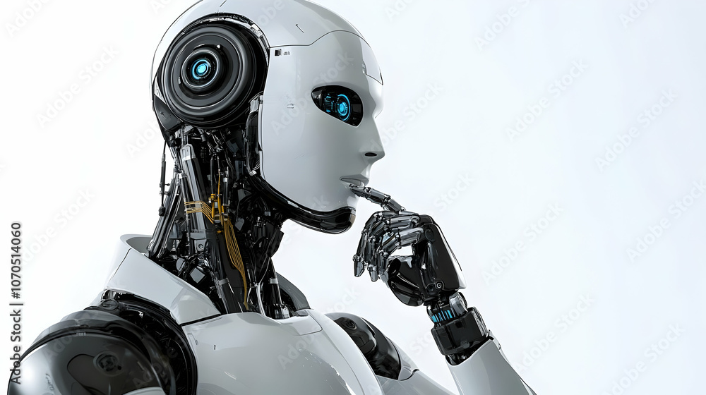 A White Robot with Black Mechanical Parts is Thinking with a Finger on its Lip Against a White Background A White Robot with Black Mechanical Parts is Thinking with a Finger on its Lip Against a White Background