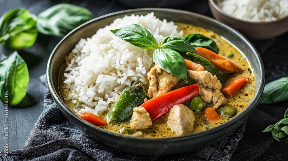 A bowl of Thai green curry with chicken, vegetables and rice. A bowl of Thai green curry with chicken, vegetables and rice.