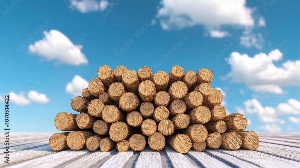 Stacked Wood Logs Against Blue Sky with Clouds Nature Texture Background Stacked Wood Logs Against Blue Sky with Clouds Nature Texture Background