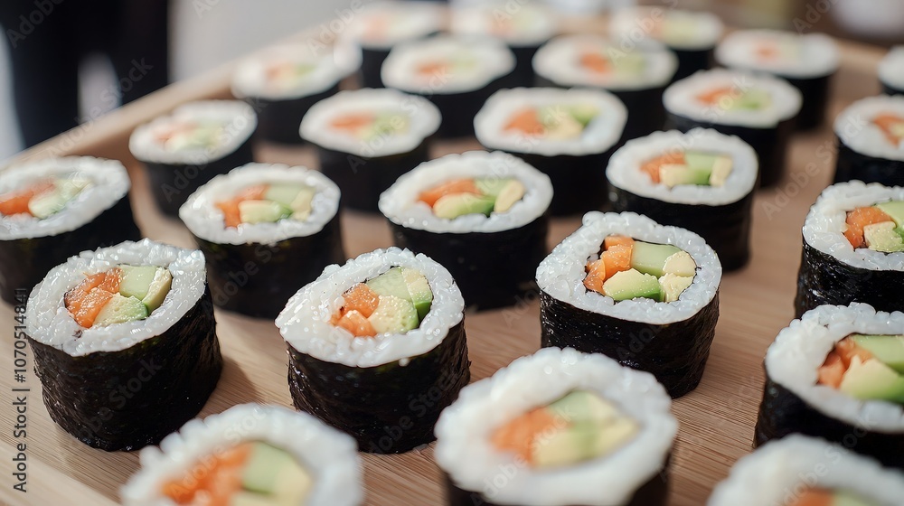 A close-up of a wooden tray filled with freshly made sushi rolls. A close-up of a wooden tray filled with freshly made sushi rolls.
