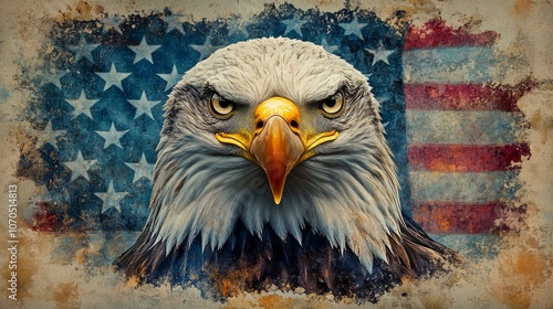 A bald eagle with a close up proud expression overlayed against an american flag background the eagle s sharp gaze and the flag's waving pattern create a strong patriotic feeling symbolizing america photo