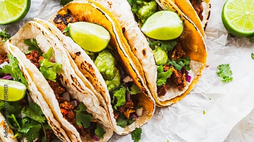 A close-up of five delicious tacos with cilantro, onion, and lime wedges.