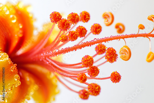 A close-up of the intricate stamens of a lily isolated white background