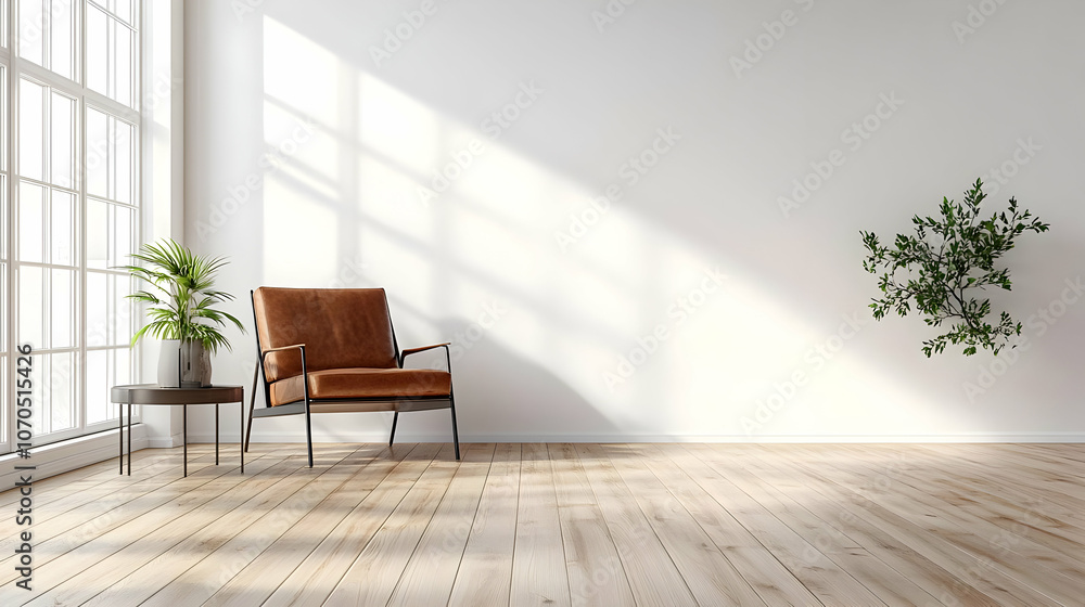A Minimalist Living Room with a Leather Chair and a Plant, Illuminated by Sunlight Streaming through a Large Window A Minimalist Living Room with a Leather Chair and a Plant, Illuminated by Sunlight Streaming through a Large Window